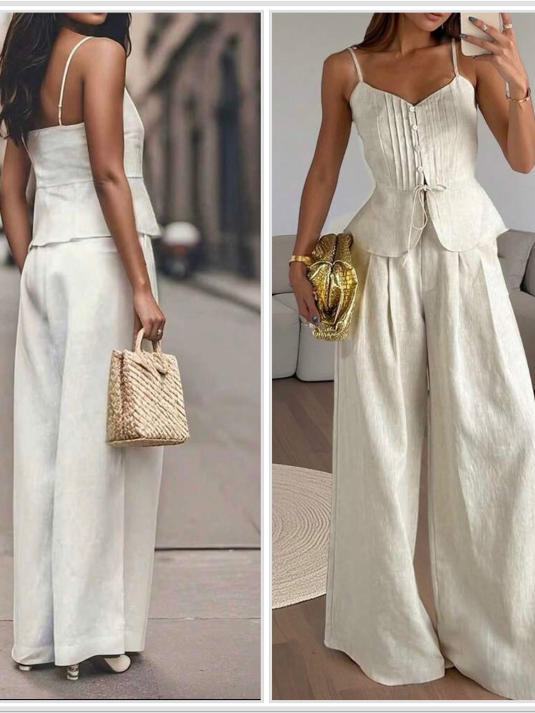 Linen-Blend Wide Leg Pants & Corset Top Set - Cream